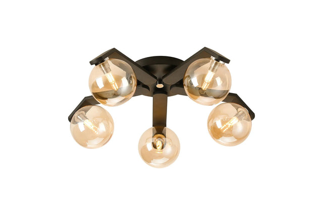 Bellingham Flush Ceiling, 5 x G9, IP44, Black/Polished Chrome/Amber Smooth Round Glass