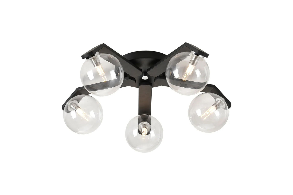 Bellingham Flush Ceiling, 5 x G9, IP44, Black/Polished Chrome/Clear Smooth Round Glass