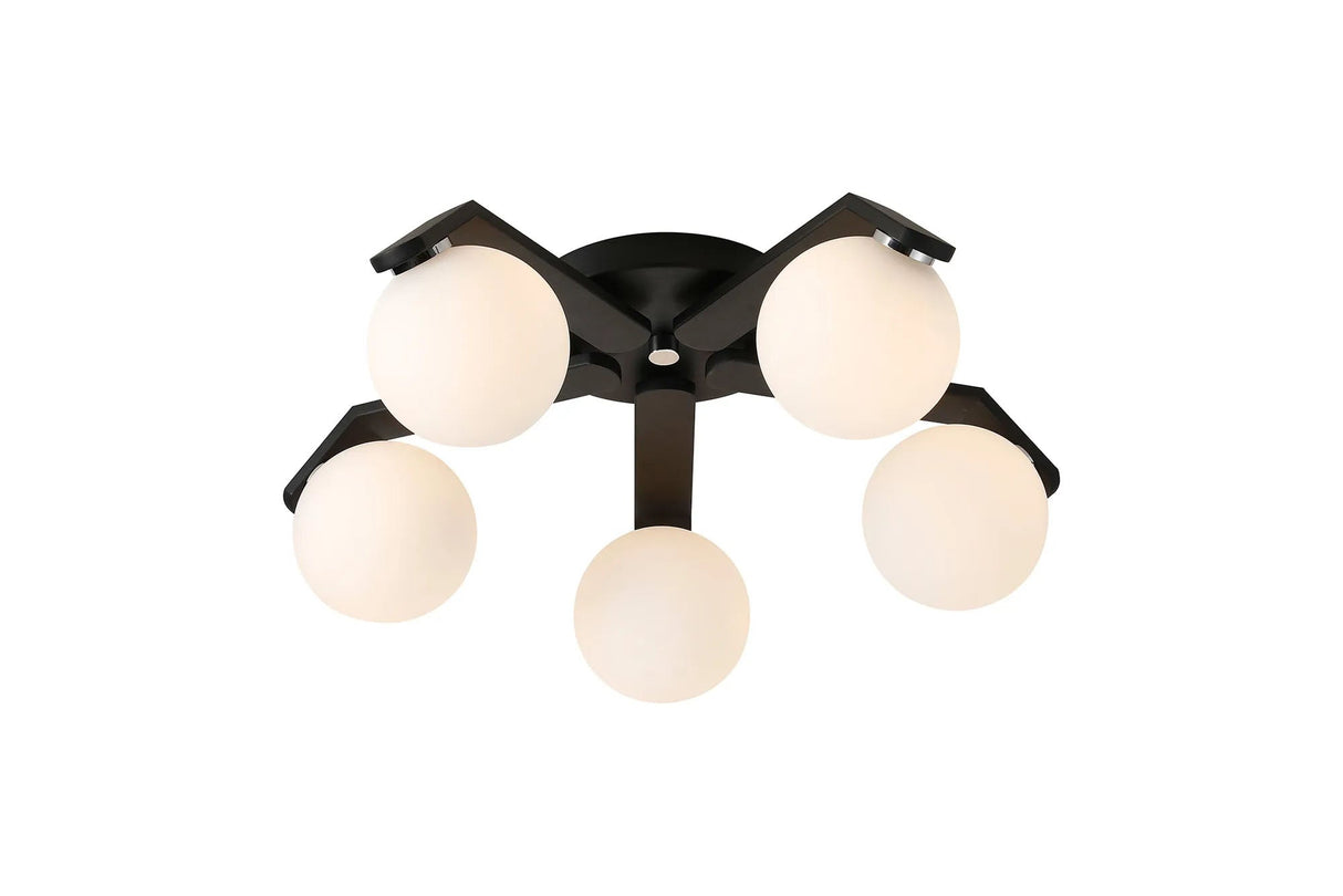 Bellingham Flush Ceiling, 5 x G9, IP44, Black/Polished Chrome/Opal Smooth Round Glass