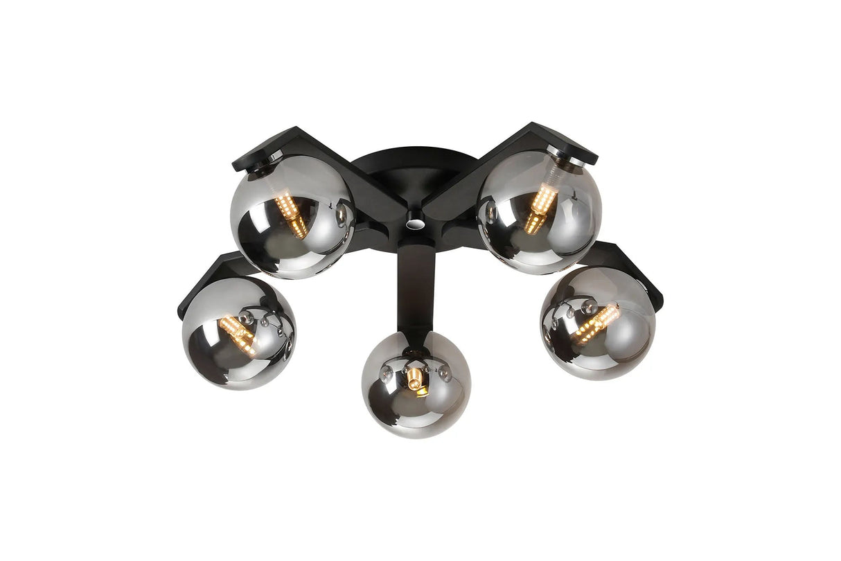 Bellingham Flush Ceiling, 5 x G9, IP44, Black/Polished Chrome/Smoke Smooth Round Glass
