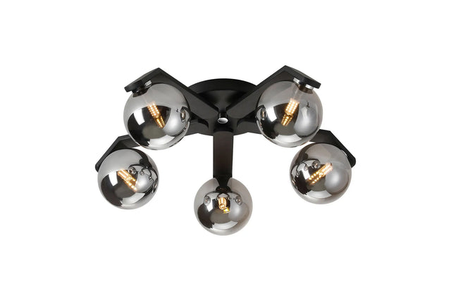 Bellingham Flush Ceiling, 5 x G9, IP44, Black/Polished Chrome/Smoke Smooth Round Glass