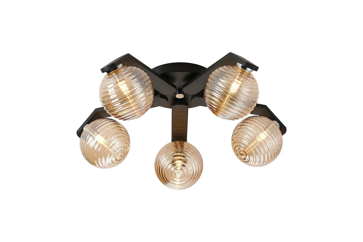 Bellingham Flush Ceiling, 5 x G9, IP44, Black/Polished Chrome/Amber Ribbed Round Glass