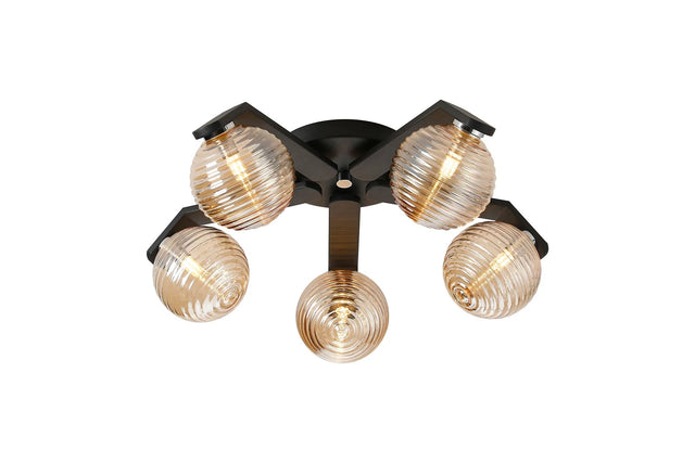 Bellingham Flush Ceiling, 5 x G9, IP44, Black/Polished Chrome/Amber Ribbed Round Glass