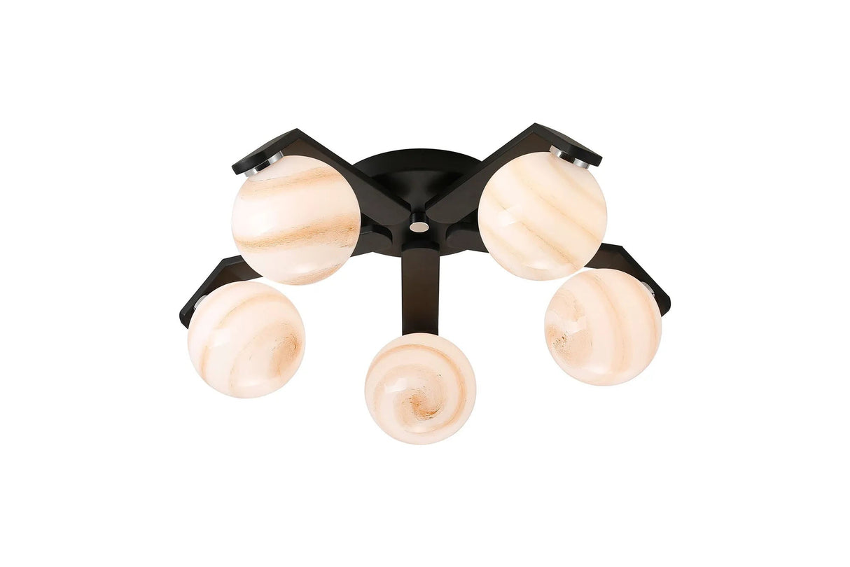 Bellingham Flush Ceiling, 5 x G9, IP44, Black/Polished Chrome/Brown Round Marble Effect Glass