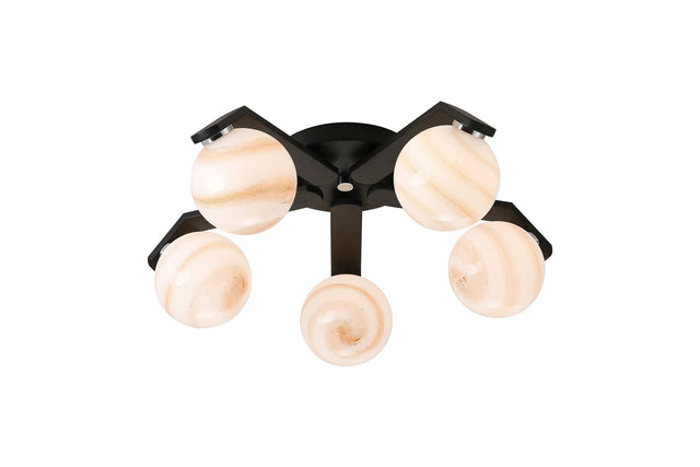 Bellingham Flush Ceiling, 5 x G9, IP44, Black/Polished Chrome/Brown Round Marble Effect Glass