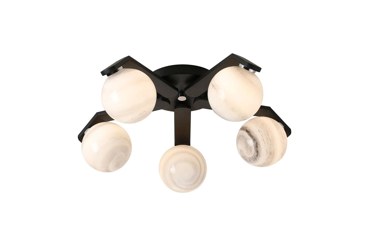 Bellingham Flush Ceiling, 5 x G9, IP44, Black/Polished Chrome/Grey Round Marble Effect Glass