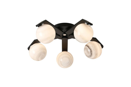 Bellingham Flush Ceiling, 5 x G9, IP44, Black/Polished Chrome/Grey Round Marble Effect Glass