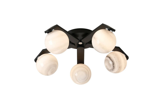 Bellingham Flush Ceiling, 5 x G9, IP44, Black/Polished Chrome/Grey Round Marble Effect Glass