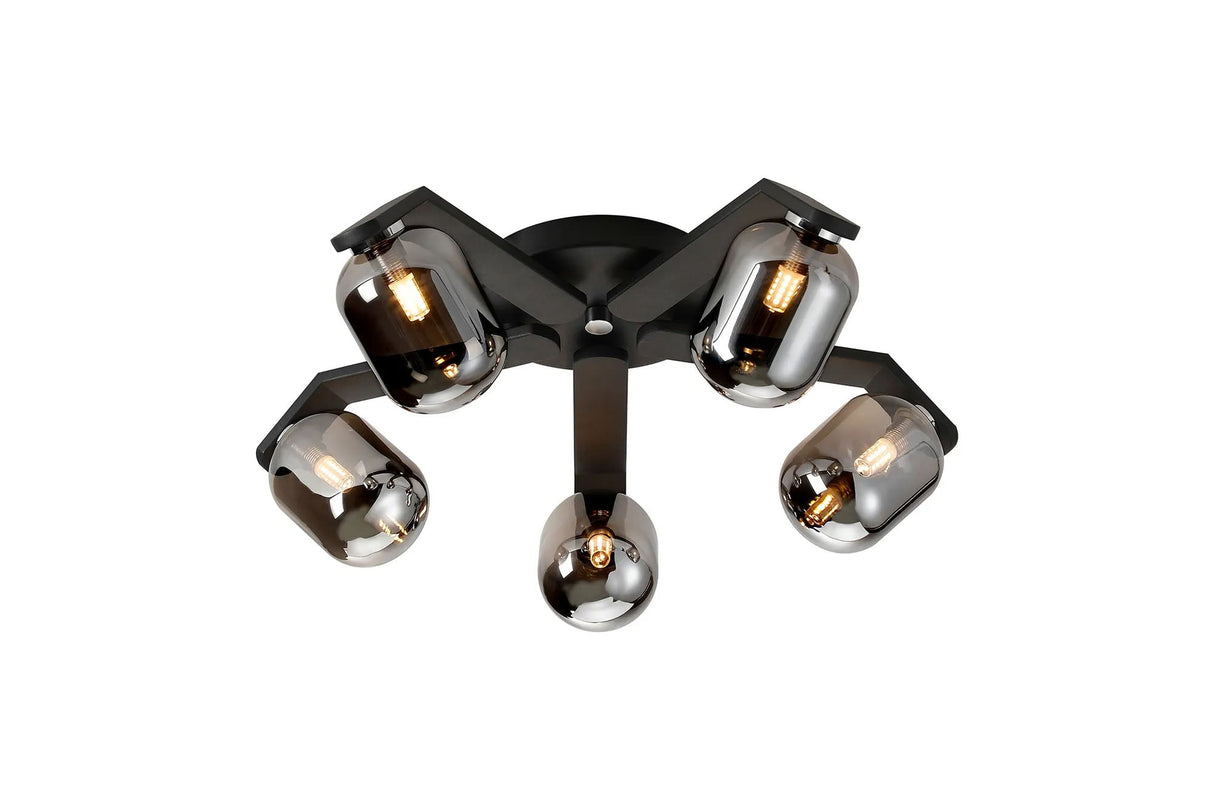 Bellingham Flush Ceiling, 5 x G9, IP44, Black/Polished Chrome/Smoke Smooth Tubular Glass