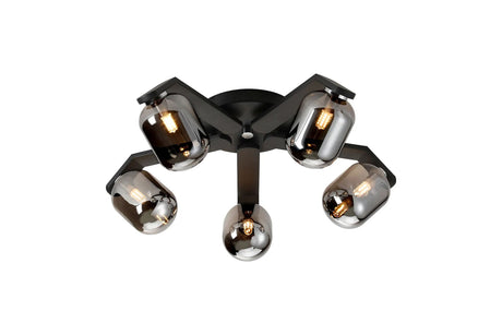 Bellingham Flush Ceiling, 5 x G9, IP44, Black/Polished Chrome/Smoke Smooth Tubular Glass