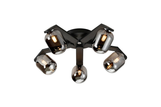 Bellingham Flush Ceiling, 5 x G9, IP44, Black/Polished Chrome/Smoke Smooth Tubular Glass