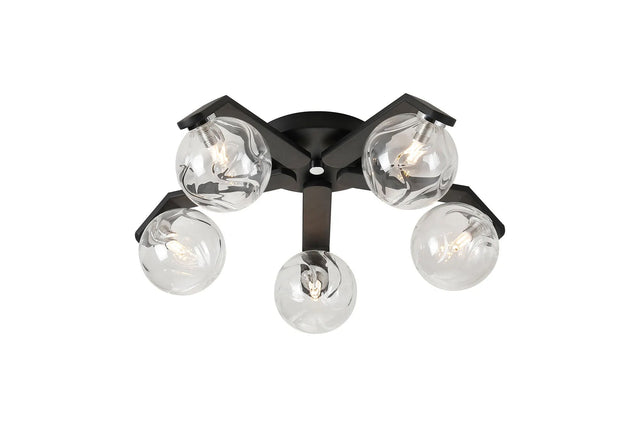 Bellingham Flush Ceiling, 5 x G9, IP44, Black/Polished Chrome/Clear Waved Round Glass