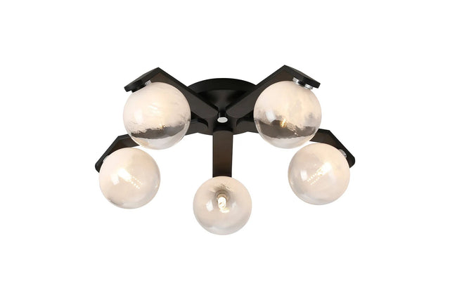 Bellingham Flush Ceiling, 5 x G9, IP44, Black/Polished Chrome/White Two-Tone Snow Specks Round Glass
