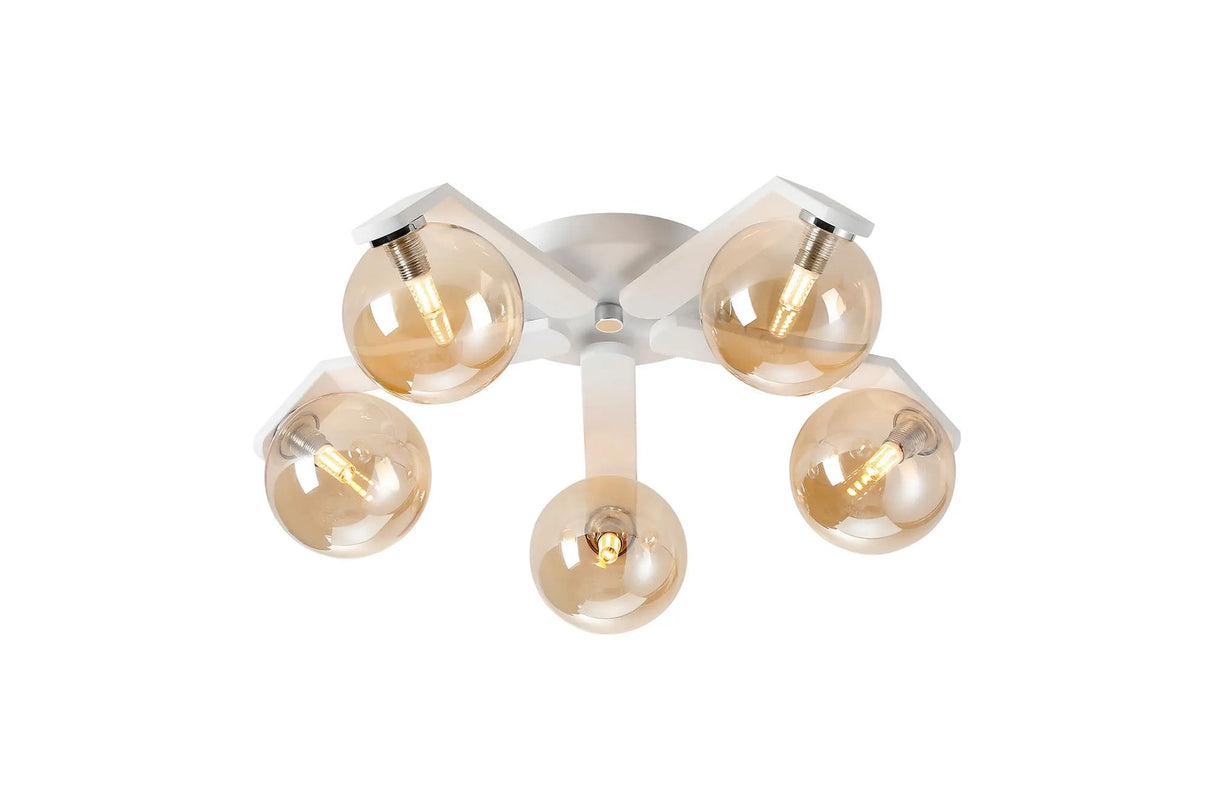 Bellingham Flush Ceiling, 5 x G9, IP44, White/Polished Chrome/Amber Smooth Round Glass