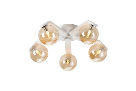 Bellingham Flush Ceiling, 5 x G9, IP44, White/Polished Chrome/Amber Smooth Round Glass
