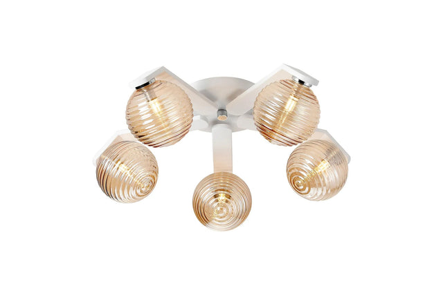 Bellingham Flush Ceiling, 5 x G9, IP44, White/Polished Chrome/Amber Ribbed Round Glass