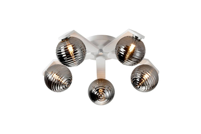 Bellingham Flush Ceiling, 5 x G9, IP44, White/Polished Chrome/Smoke Ribbed Round Glass