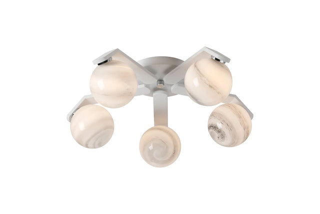 Bellingham Flush Ceiling, 5 x G9, IP44, White/Polished Chrome/Grey Round Marble Effect Glass