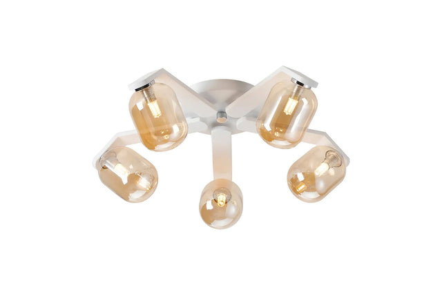 Bellingham Flush Ceiling, 5 x G9, IP44, White/Polished Chrome/Amber Smooth Tubular Glass