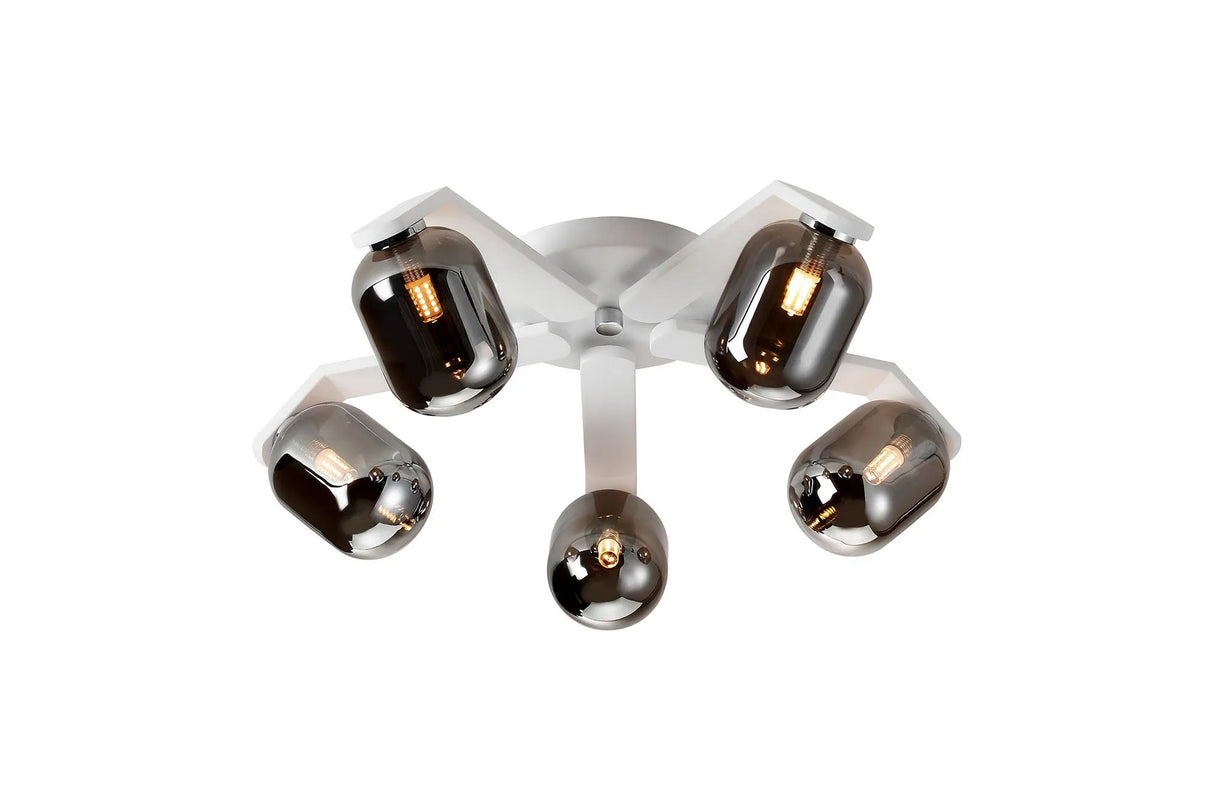 Bellingham Flush Ceiling, 5 x G9, IP44, White/Polished Chrome/Smoke Smooth Tubular Glass