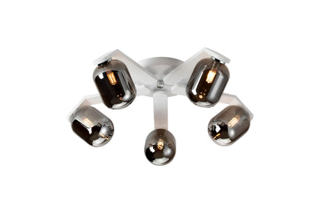 Bellingham Flush Ceiling, 5 x G9, IP44, White/Polished Chrome/Smoke Smooth Tubular Glass