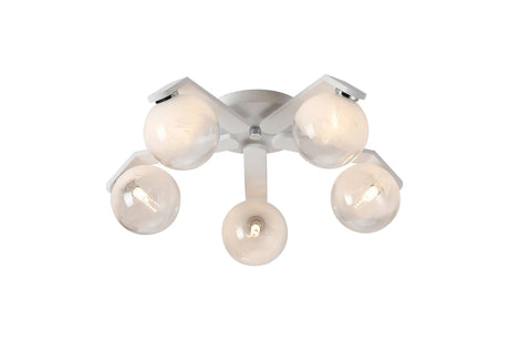 Bellingham Flush Ceiling, 5 x G9, IP44, White/Polished Chrome/White Two-Tone Snow Specks Round Glass