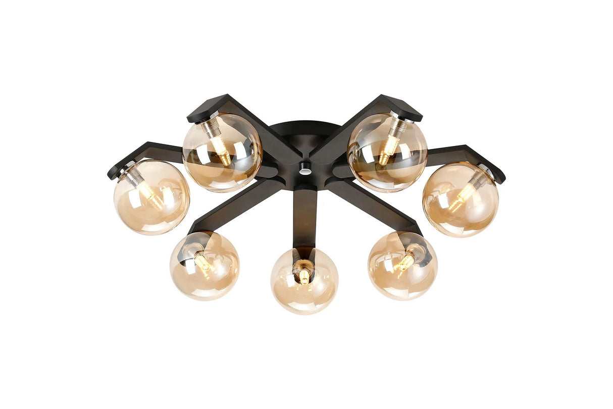 Bellingham Flush Ceiling, 8 x G9, IP44, Black/Polished Chrome/Amber Smooth Round Glass