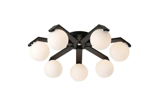 Bellingham Flush Ceiling, 8 x G9, IP44, Black/Polished Chrome/Opal Smooth Round Glass