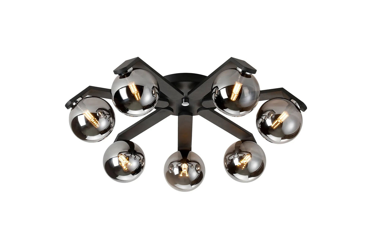 Bellingham Flush Ceiling, 8 x G9, IP44, Black/Polished Chrome/Smoke Smooth Round Glass
