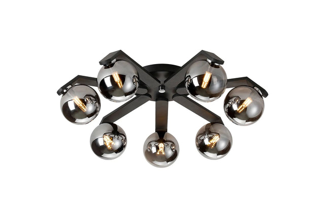 Bellingham Flush Ceiling, 8 x G9, IP44, Black/Polished Chrome/Smoke Smooth Round Glass