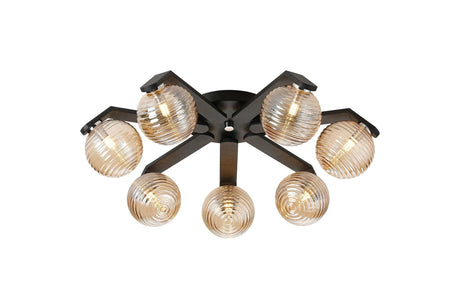 Bellingham Flush Ceiling, 8 x G9, IP44, Black/Polished Chrome/Amber Ribbed Round Glass