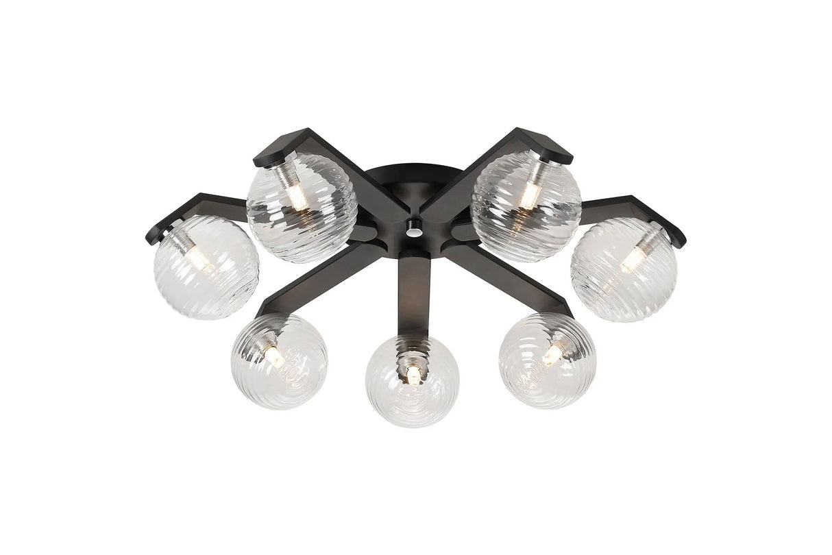 Bellingham Flush Ceiling, 8 x G9, IP44, Black/Polished Chrome/Clear Ribbed Round Glass