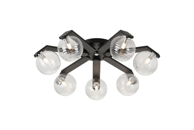Bellingham Flush Ceiling, 8 x G9, IP44, Black/Polished Chrome/Clear Ribbed Round Glass