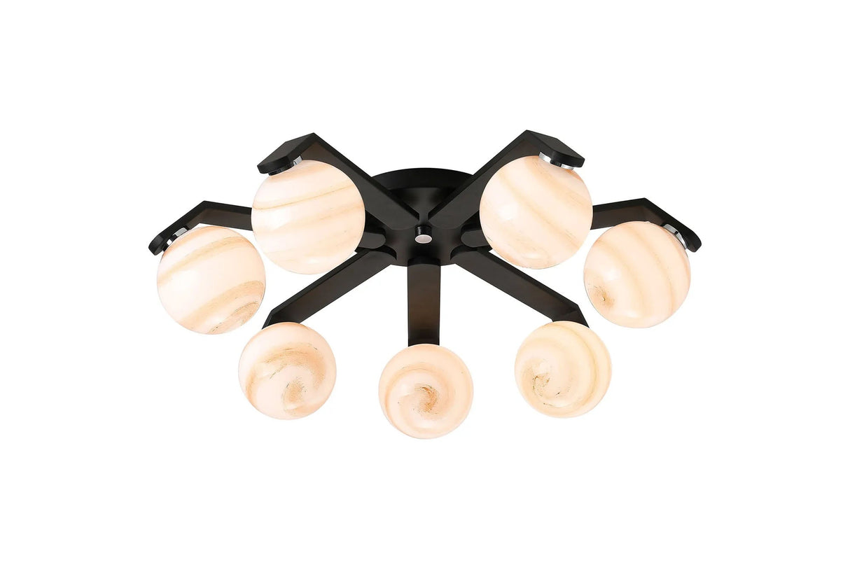 Bellingham Flush Ceiling, 8 x G9, IP44, Black/Polished Chrome/Brown Round Marble Effect Glass