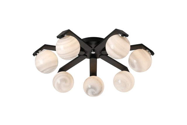 Bellingham Flush Ceiling, 8 x G9, IP44, Black/Polished Chrome/Grey Round Marble Effect Glass