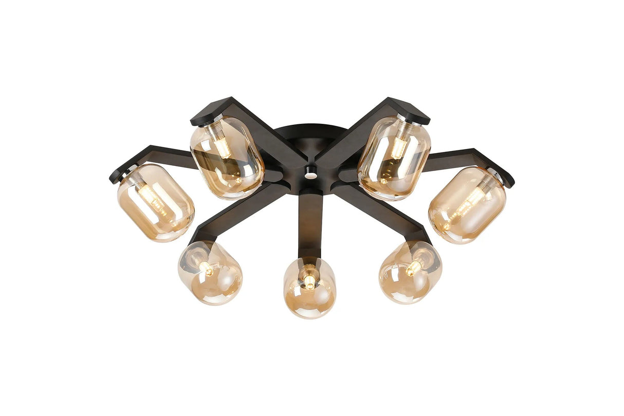 Bellingham Flush Ceiling, 8 x G9, IP44, Black/Polished Chrome/Amber Smooth Tubular Glass