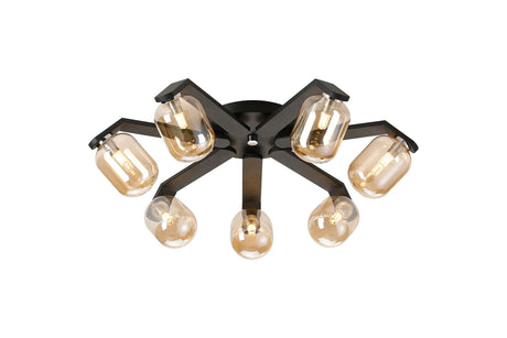 Bellingham Flush Ceiling, 8 x G9, IP44, Black/Polished Chrome/Amber Smooth Tubular Glass