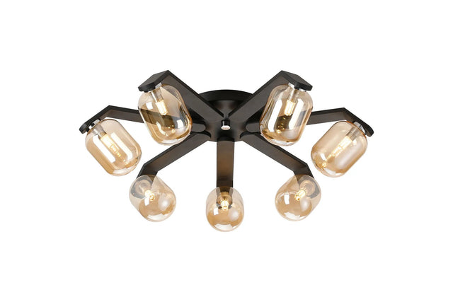 Bellingham Flush Ceiling, 8 x G9, IP44, Black/Polished Chrome/Amber Smooth Tubular Glass