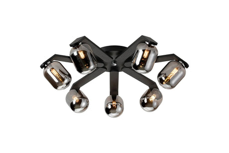 Bellingham Flush Ceiling, 8 x G9, IP44, Black/Polished Chrome/Smoke Smooth Tubular Glass