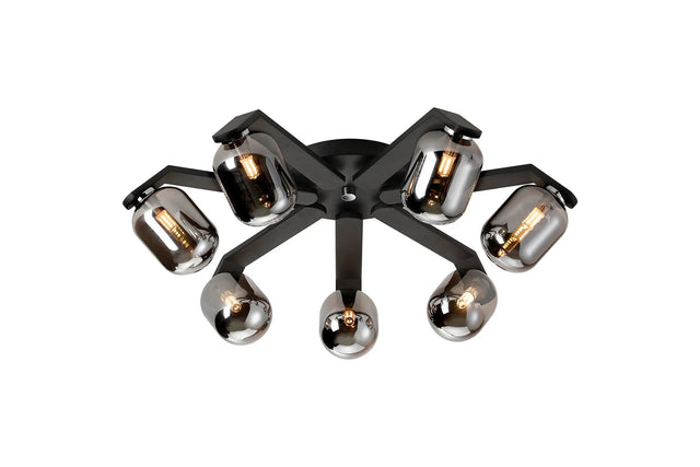 Bellingham Flush Ceiling, 8 x G9, IP44, Black/Polished Chrome/Smoke Smooth Tubular Glass