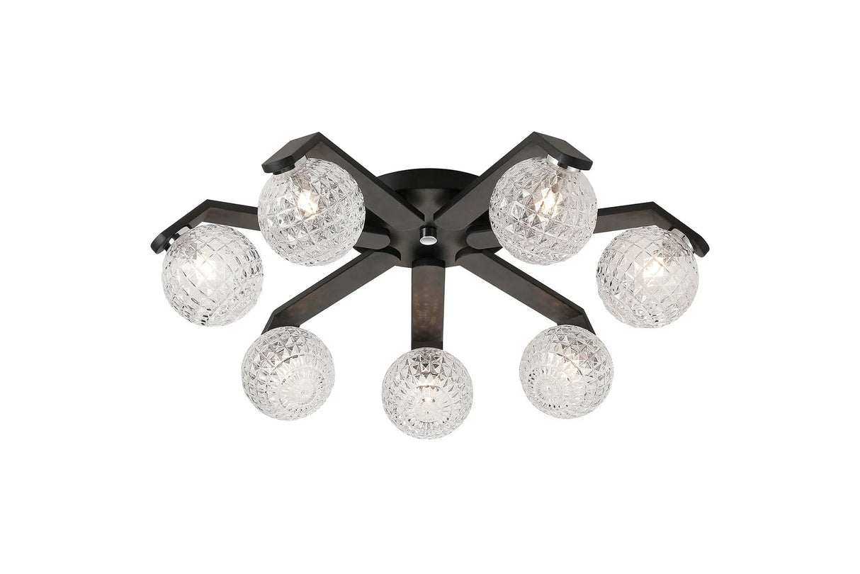 Bellingham Flush Ceiling, 8 x G9, IP44, Black/Polished Chrome/Clear Cross Pattern Round Glass