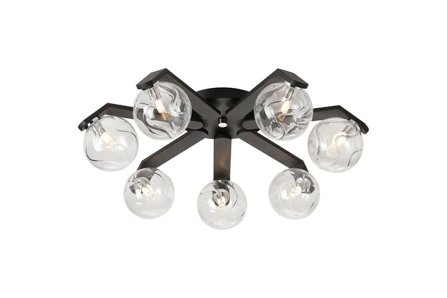 Bellingham Flush Ceiling, 8 x G9, IP44, Black/Polished Chrome/Clear Waved Round Glass