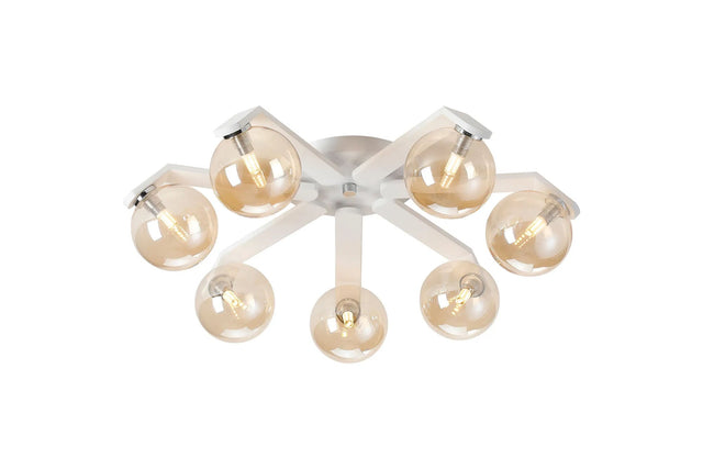 Bellingham Flush Ceiling, 8 x G9, IP44, White/Polished Chrome/Amber Smooth Round Glass