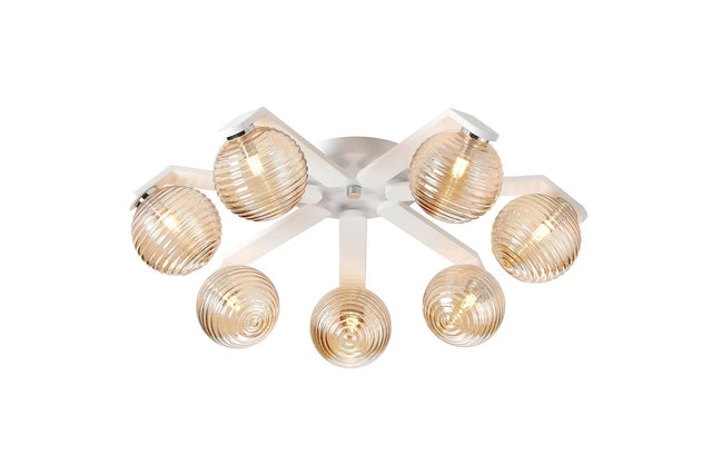 Bellingham Flush Ceiling, 8 x G9, IP44, White/Polished Chrome/Amber Ribbed Round Glass