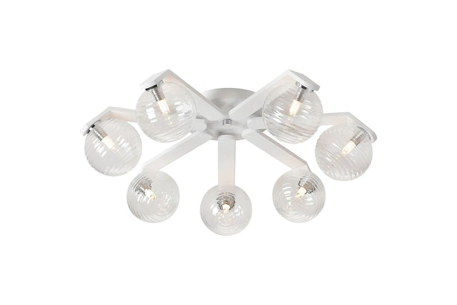 Bellingham Flush Ceiling, 8 x G9, IP44, White/Polished Chrome/Clear Ribbed Round Glass