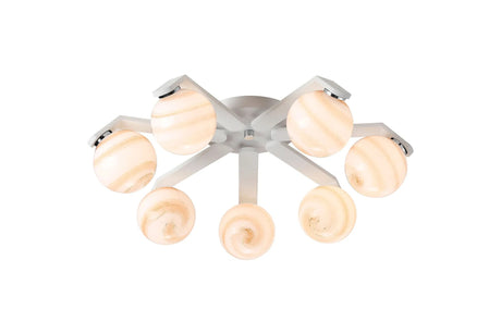 Bellingham Flush Ceiling, 8 x G9, IP44, White/Polished Chrome/Brown Round Marble Effect Glass