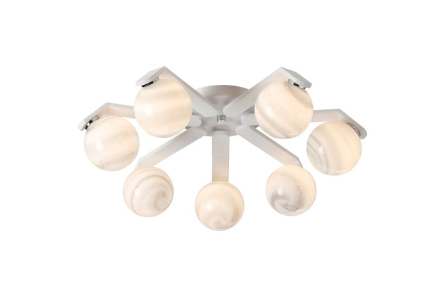 Bellingham Flush Ceiling, 8 x G9, IP44, White/Polished Chrome/Grey Round Marble Effect Glass