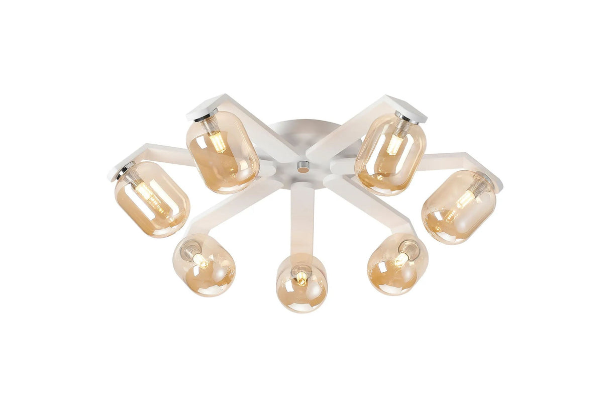 Bellingham Flush Ceiling, 8 x G9, IP44, White/Polished Chrome/Amber Smooth Tubular Glass