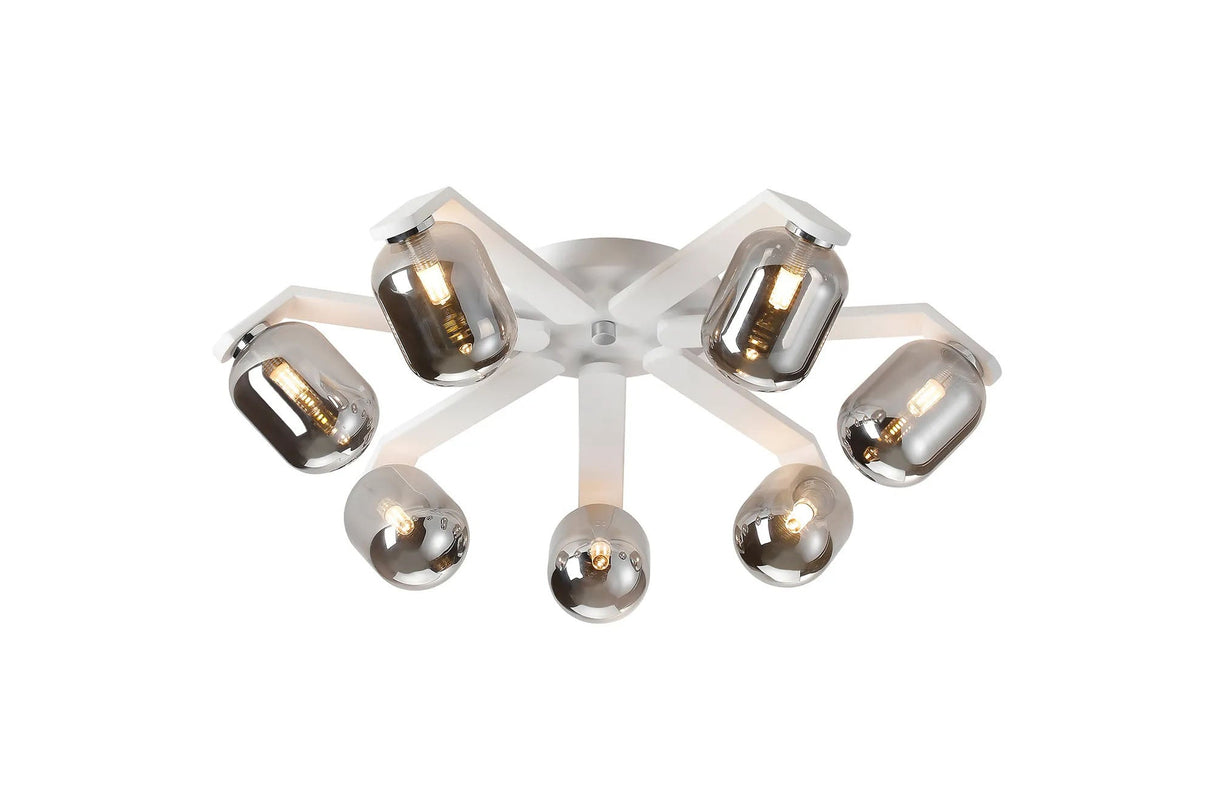 Bellingham Flush Ceiling, 8 x G9, IP44, White/Polished Chrome/Smoke Smooth Tubular Glass