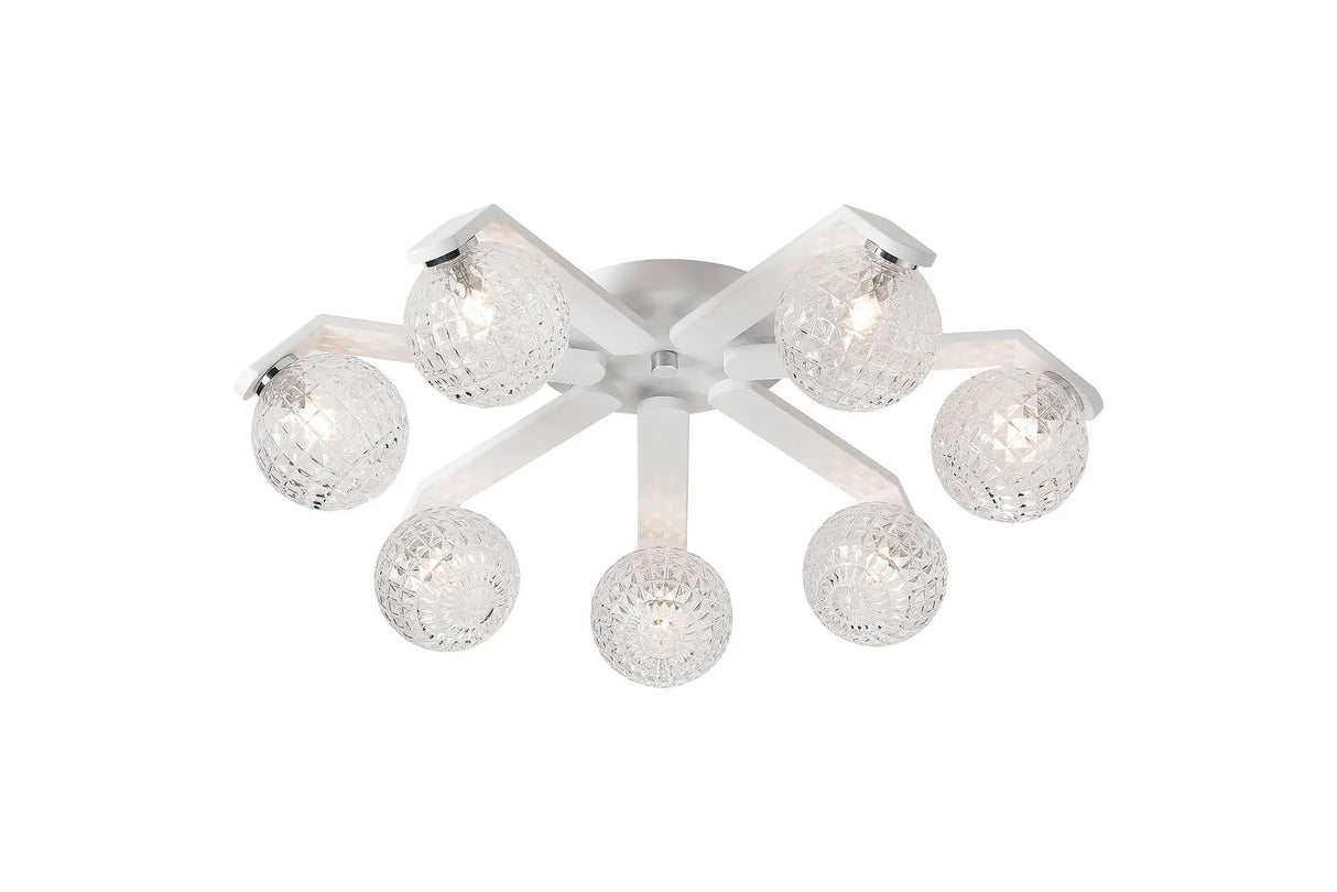 Bellingham Flush Ceiling, 8 x G9, IP44, White/Polished Chrome/Clear Cross Pattern Round Glass